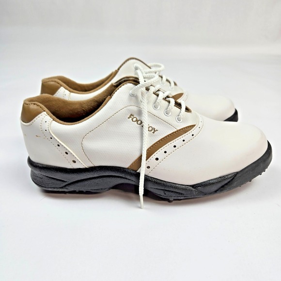 Footjoy Golf Shoes Mens‎ Size 7 Contour Soft Spikes 48762 White Brown Comfort - Picture 2 of 10